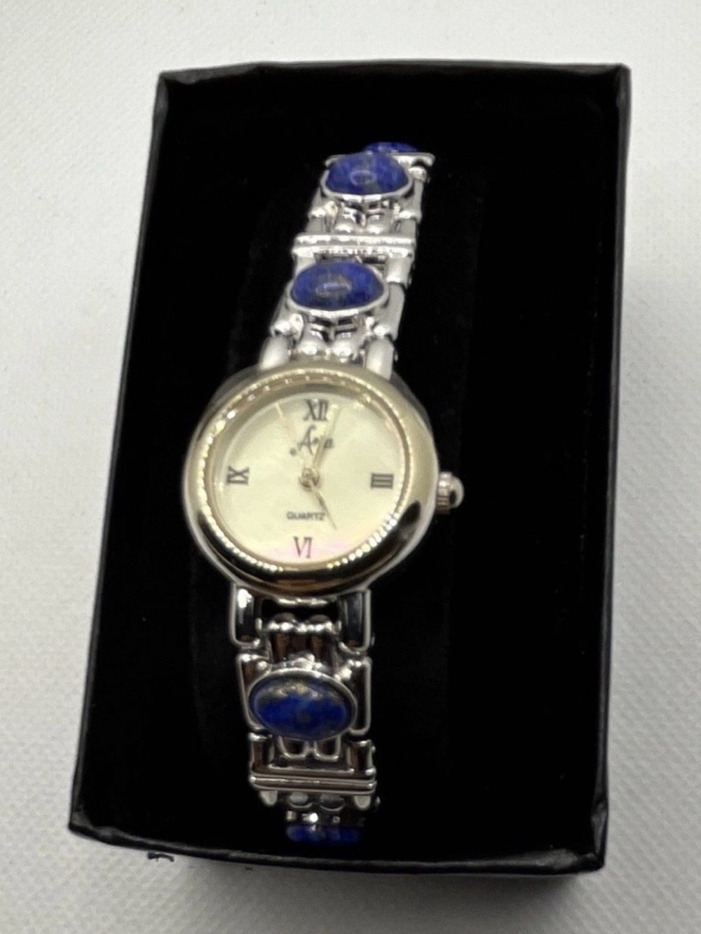 Aria Silver Tone Blue Lapis Silver/Blue Metal Watch with Box